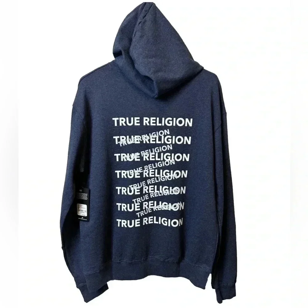 NWT True Religion Navy Blue Pullover Hoodie. Print On Back‎ Horseshoe Logo Front